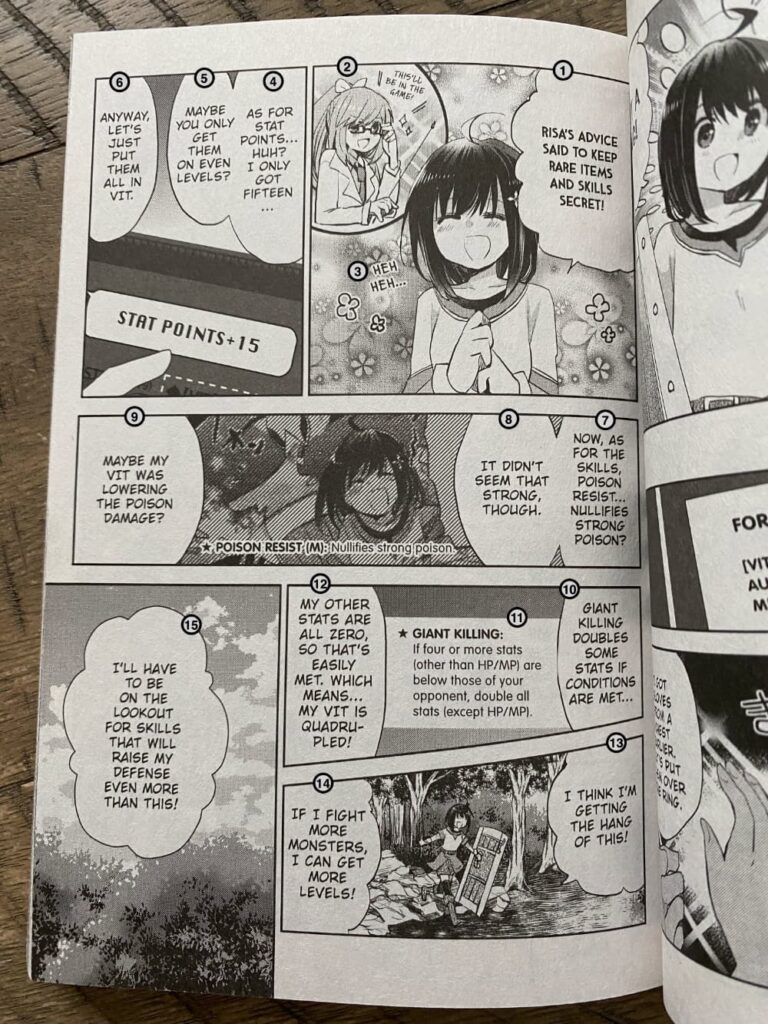 Picture of a page from Bofuri: I Don't Want to Get Hurt, so I'll Max Out My Defense., Vol. 1 Demonstrating the different way the book has to be read.