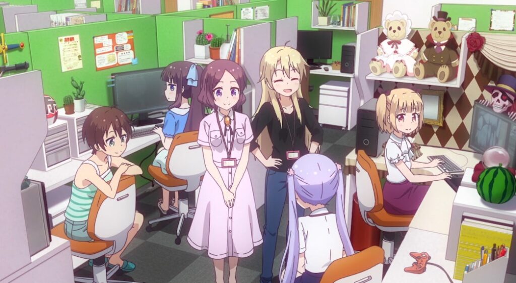 A screen shot from New Game! Shows six characters in a green office cubical