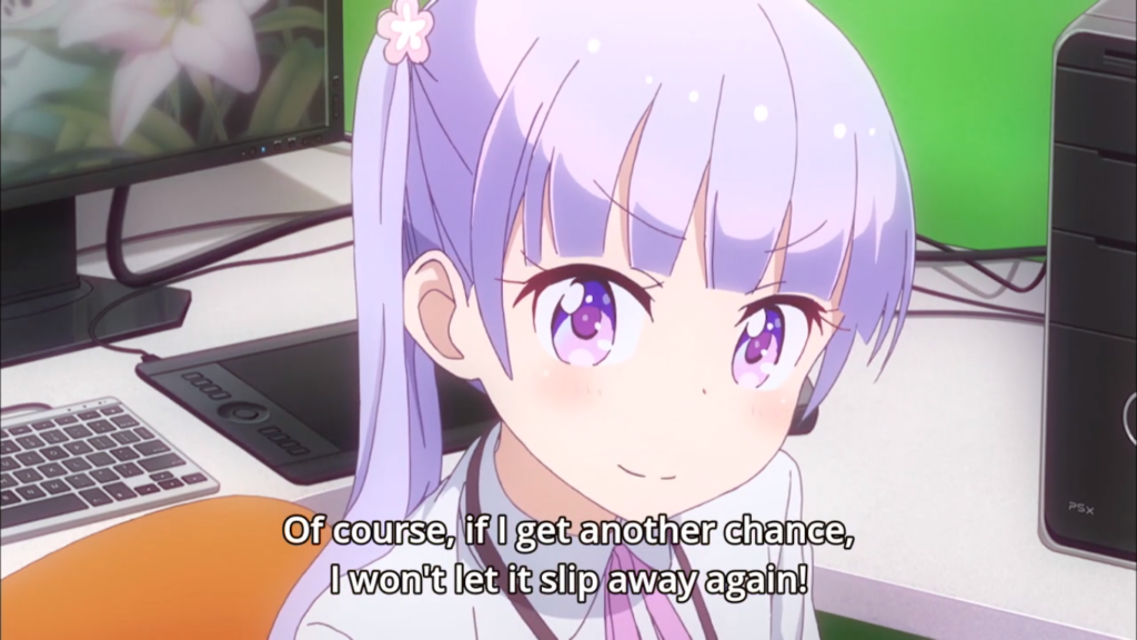 Screen shot from New Game! Shows a girl with purple pig tiles making eye contact with the viewer. Subtitles read "Of course, if I get another chance, I won't let it slip away again!" 